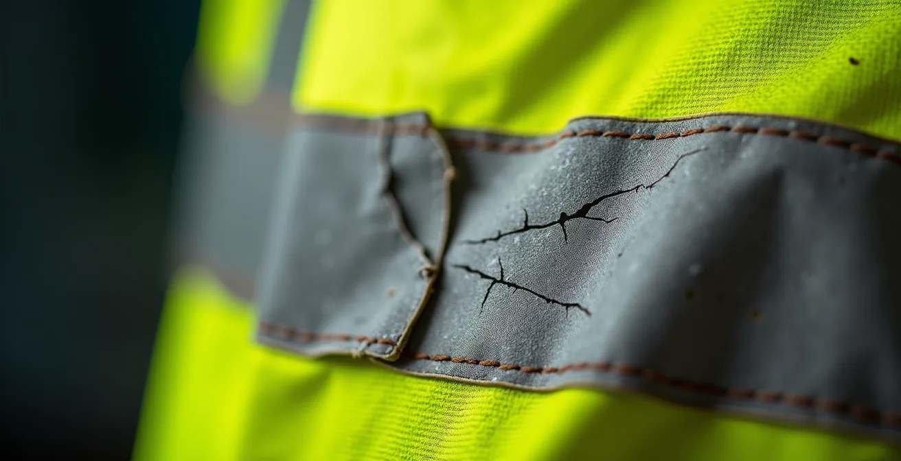 Détail macro d'une bande réfléchissante dégradée sur vêtement haute visibilité