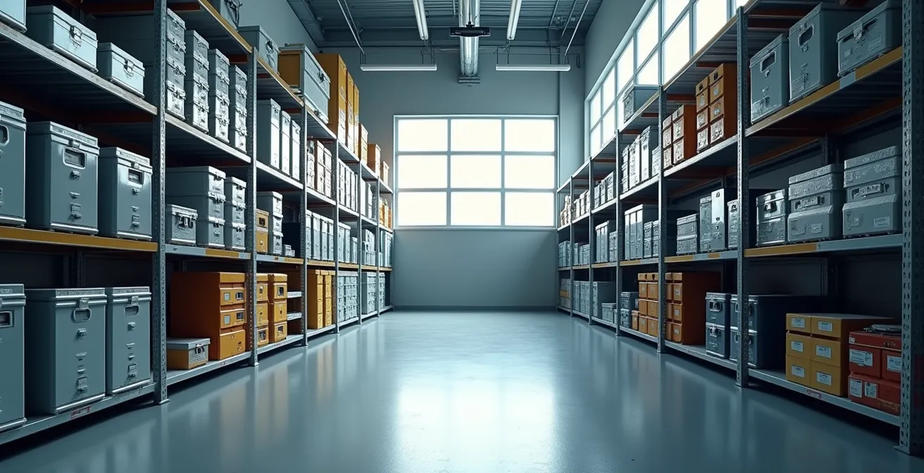 Vue large d'un espace de rangement industriel propre avec casiers et étagères pour équipements de protection