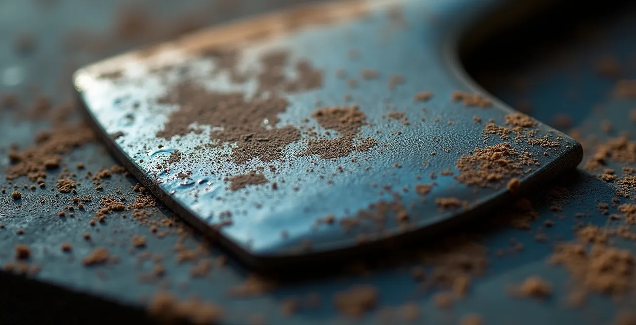 Vue macro d'une surface métallique industrielle avec traces d'usure et marques de travail