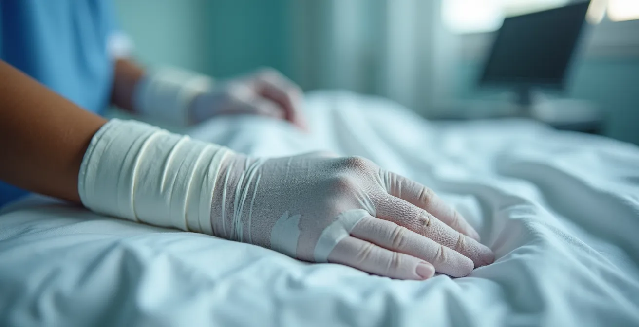 Main bandée d'un travailleur sur lit d'hôpital, focus sur les bandages et sutures