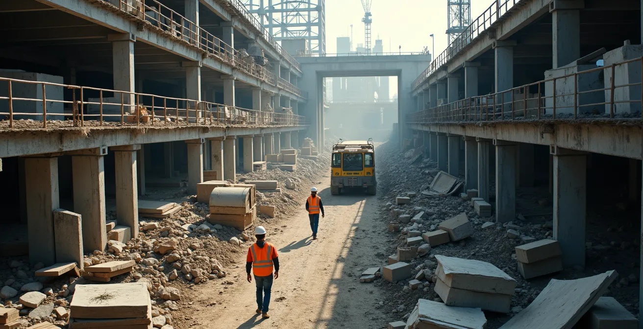 Zone de chantier dangereuse avec circulation d'engins et piétons mal séparés