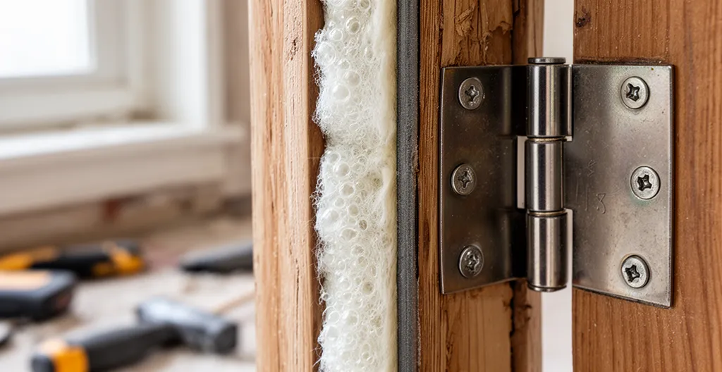 Gros plan sur joint coupe-froid et mousse isolante sur cadre de porte d'entrée