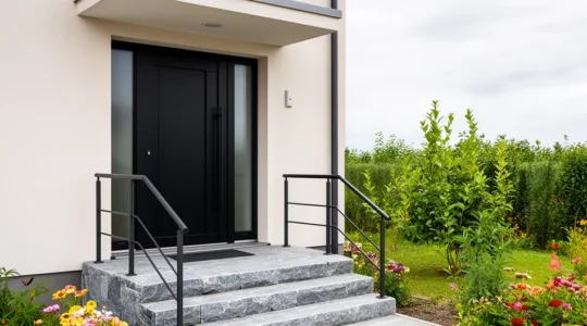 Porte d'entrée moderne en acier noir sur façade de maison résidentielle québécoise avec perron et jardin