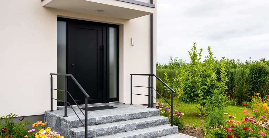 Porte d'entrée moderne en acier noir sur façade de maison résidentielle québécoise avec perron et jardin