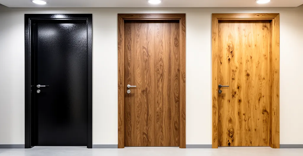 Trois portes d'entrée exposées côte à côte en salle de montre : acier noir, fibre de verre imitation bois, bois naturel