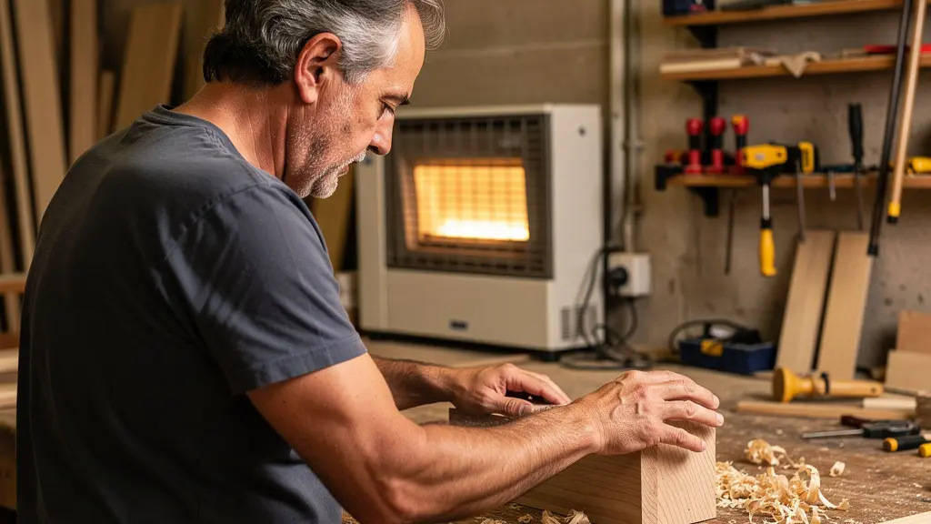 Artisan menuisier travaillant dans atelier chauffé au gaz propane