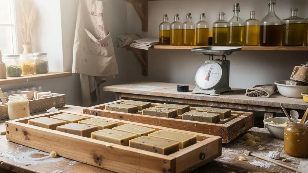 Intérieur atelier savonnerie avec moules en bois et bocaux d'huiles végétales