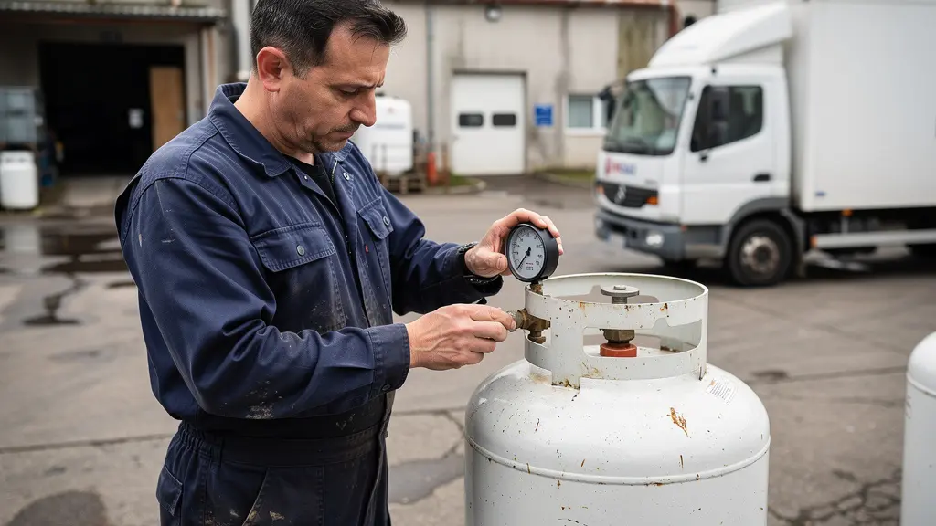 Technicien vérifiant jauge citerne propane dans cour entreprise artisanale