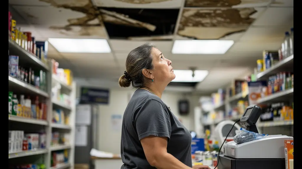 Propriétaire de commerce constatant un dégât d'eau au plafond