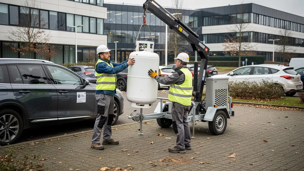 Techniciens installant citerne propane blanche dans zone artisanale