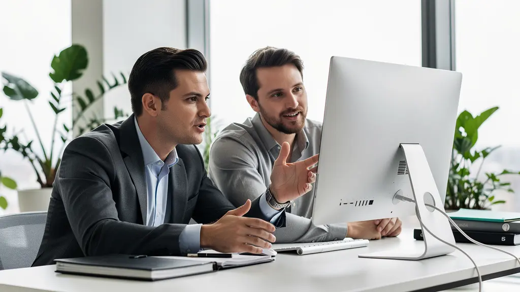 Courtier et entrepreneur en discussion devant un écran dans un bureau moderne