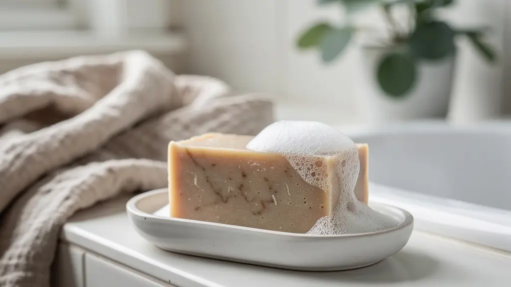 Savon artisanal beige posé sur porte-savon céramique dans salle de bain lumineuse