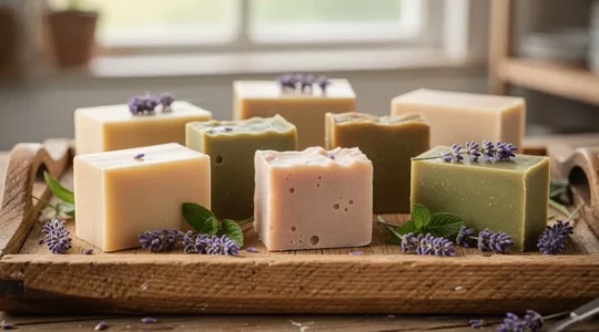 Savons artisanaux colorés naturellement disposés sur plateau bois rustique avec brins de lavande