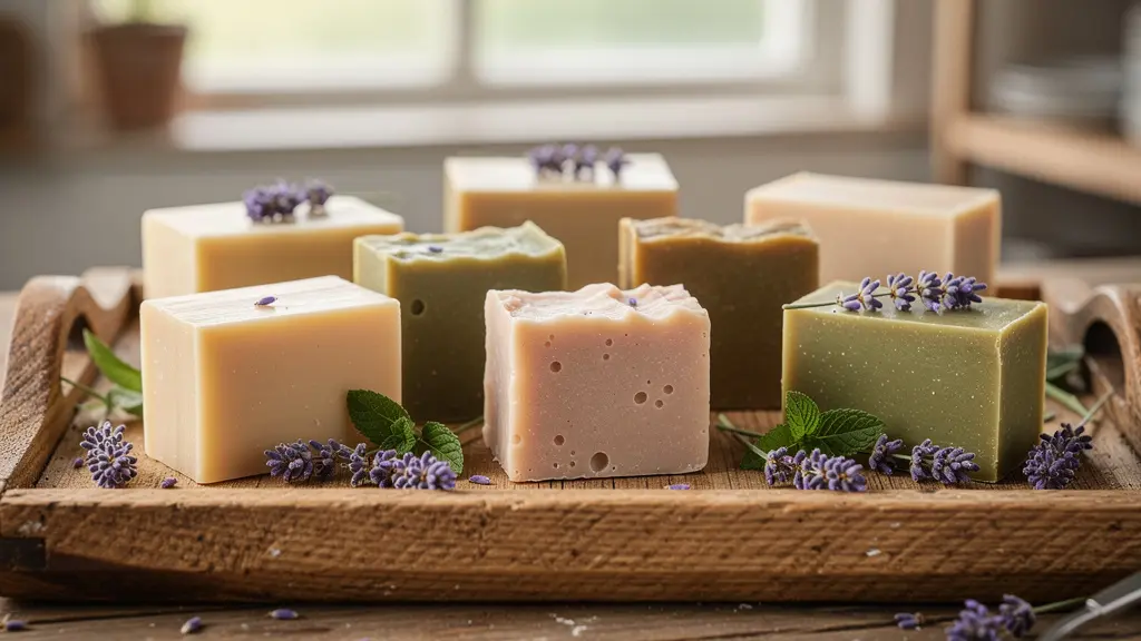 Savons artisanaux colorés naturellement disposés sur plateau bois rustique avec brins de lavande
