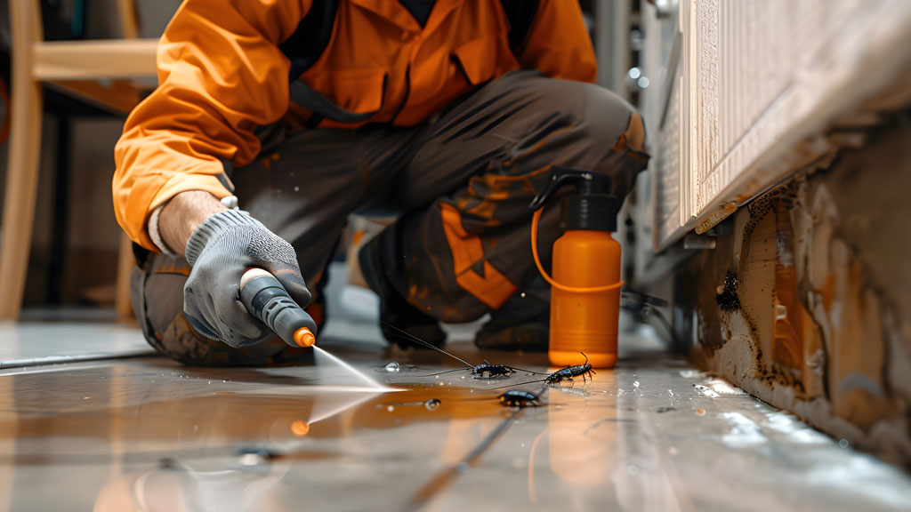 Technicien exterminateur discutant avec propriétaire devant fondation de maison québécoise