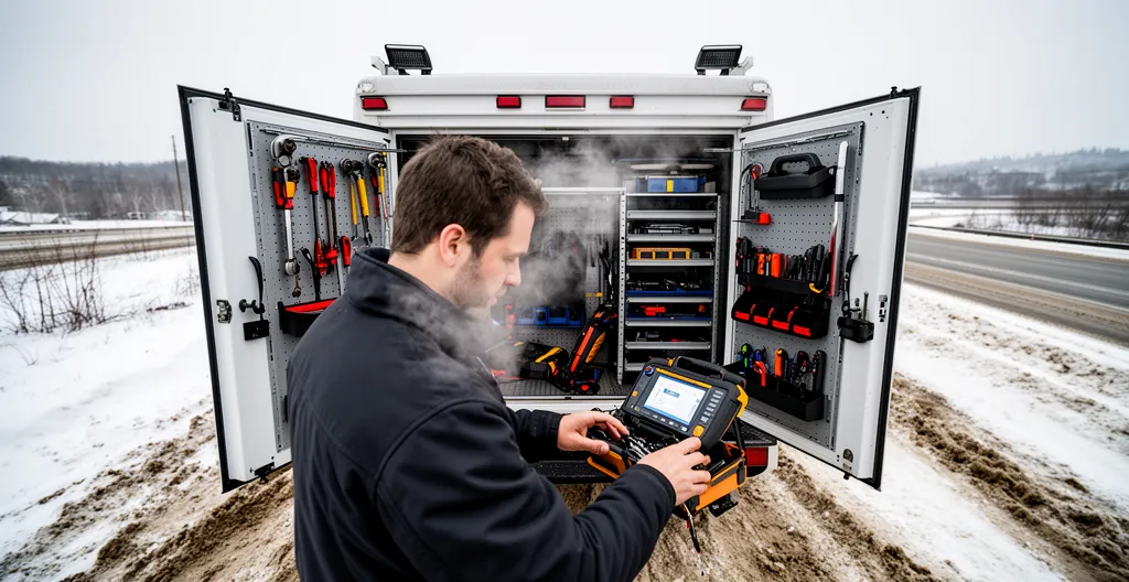 Camionnette de service mobile avec équipement de diagnostic diesel ouvert sur le bord de l'autoroute québécoise
