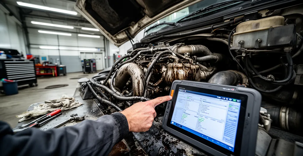 Compartiment moteur diesel examiné avec tablette de diagnostic dans un environnement d'atelier mécanique
