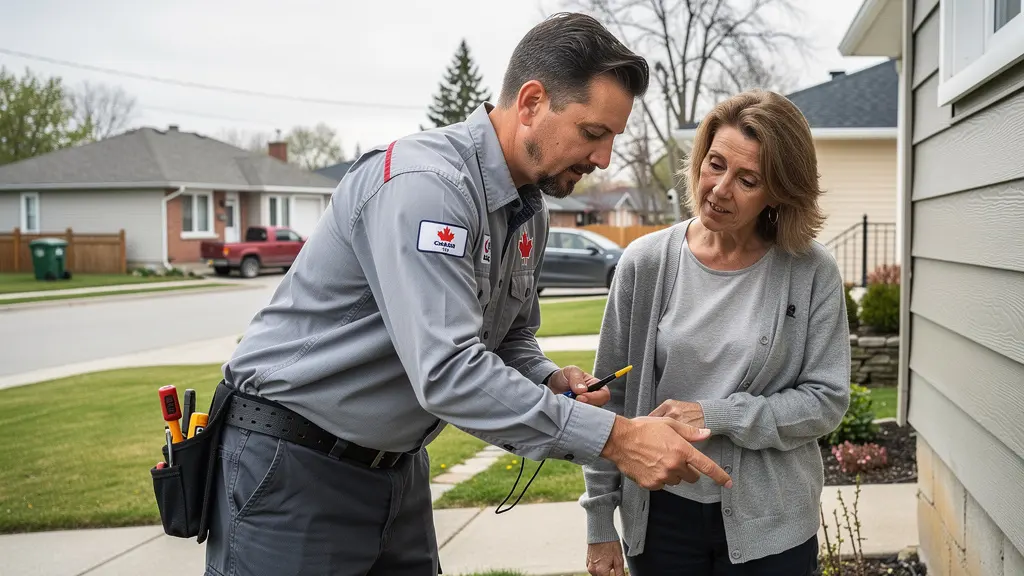 Technicien exterminateur discutant avec propriétaire devant fondation de maison québécoise