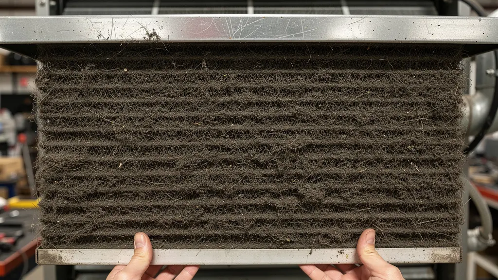 Filtre CVC encrassé nécessitant remplacement dans un système de ventilation commercial