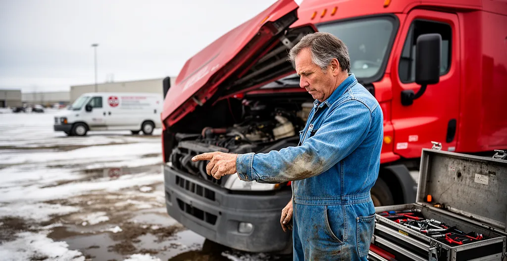 Technicien en mécanique mobile inspectant un semi-remorque dans un stationnement industriel hivernal au Québec