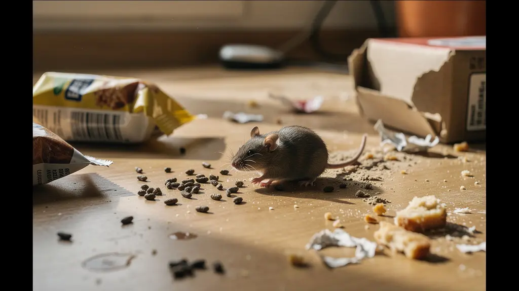 Excréments de souris près d'un emballage alimentaire grignoté dans une cuisine