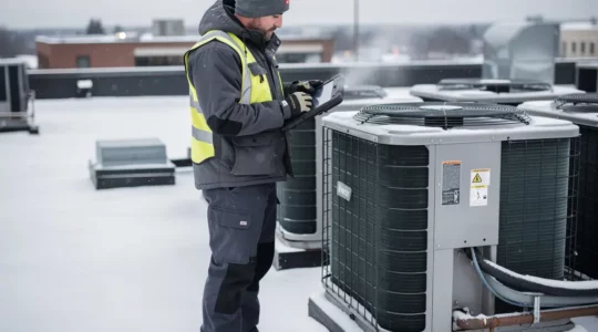 Technicien CVC inspectant une unité de climatisation commerciale sur un toit au Québec