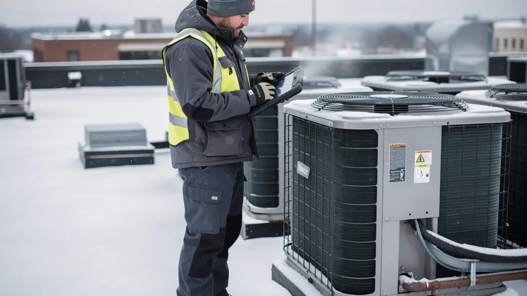 Technicien CVC inspectant une unité de climatisation commerciale sur un toit au Québec