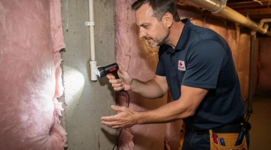 Technicien en gestion parasitaire inspectant un sous-sol résidentiel avec lampe de poche