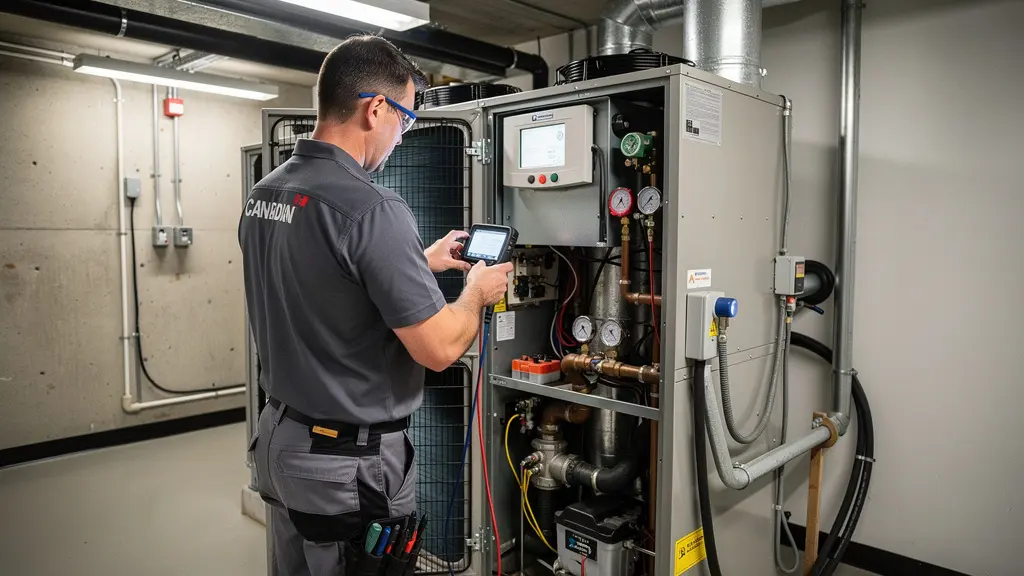 Expert CVC effectuant une maintenance préventive sur thermopompe commerciale
