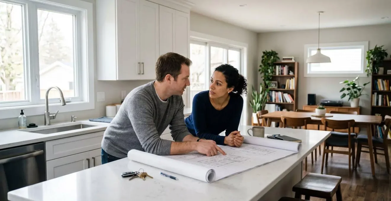 Couple de propriétaires discutant des plans de rénovation dans une cuisine moderne rénovée, vus de trois-quarts sans regarder la caméra