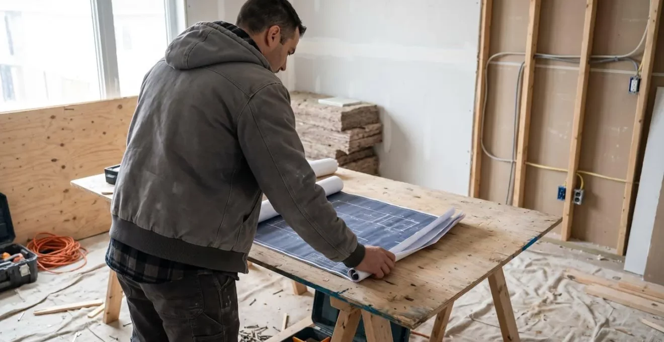 Entrepreneur en tenue de travail professionnelle vérifiant des plans de rénovation sur un chantier résidentiel, vu de profil