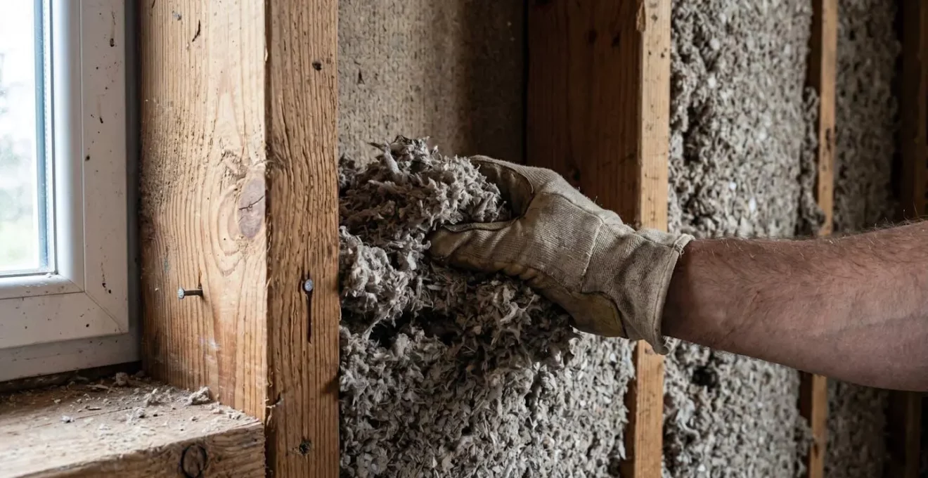 Gros plan sur la texture d'un matériau d'isolation écologique en cellulose avec une main gantée d'entrepreneur en arrière-plan flouté