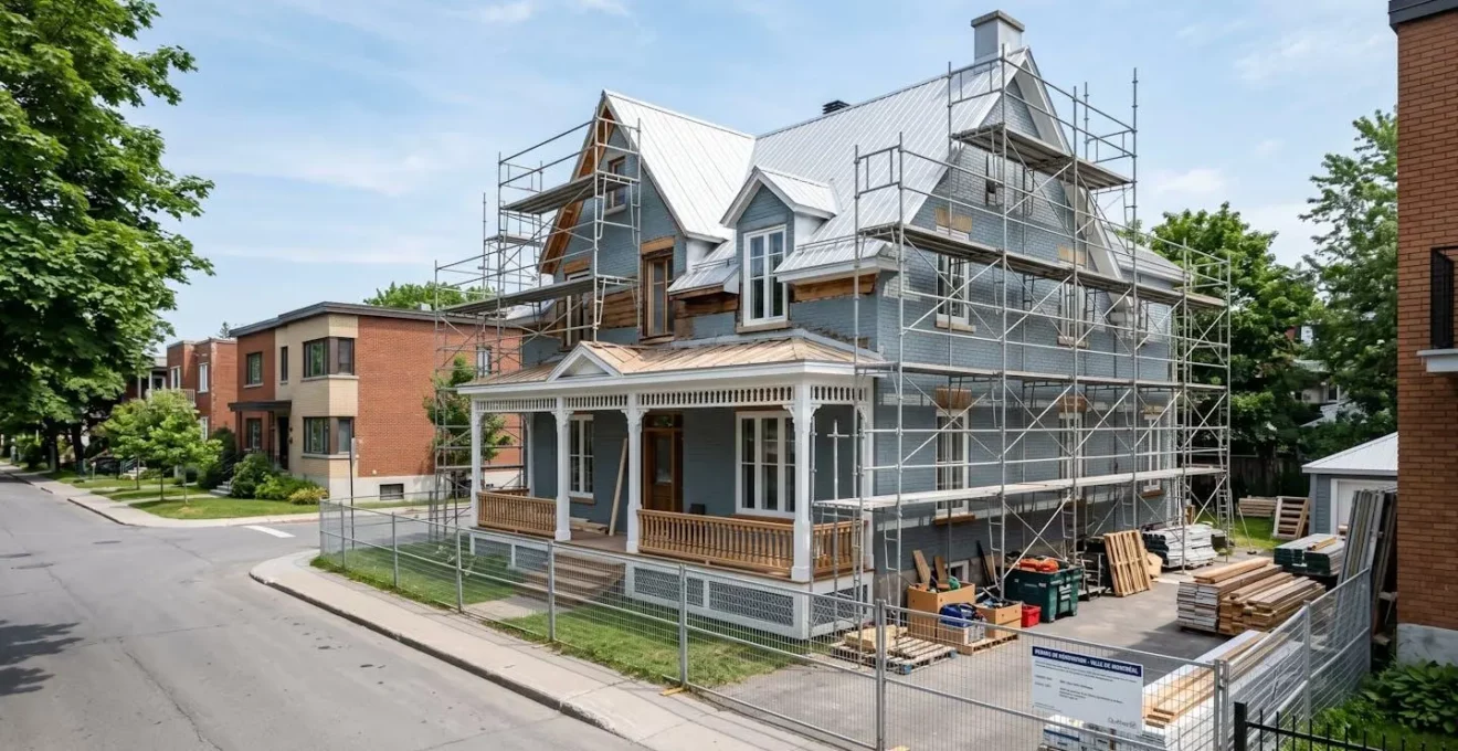 Maison unifamiliale typique du Québec en cours de rénovation extérieure avec échafaudage professionnel installé