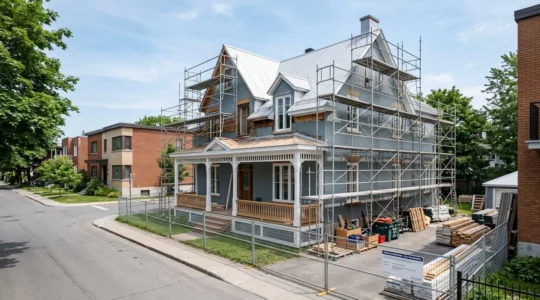 Maison unifamiliale typique du Québec en cours de rénovation extérieure avec échafaudage professionnel installé