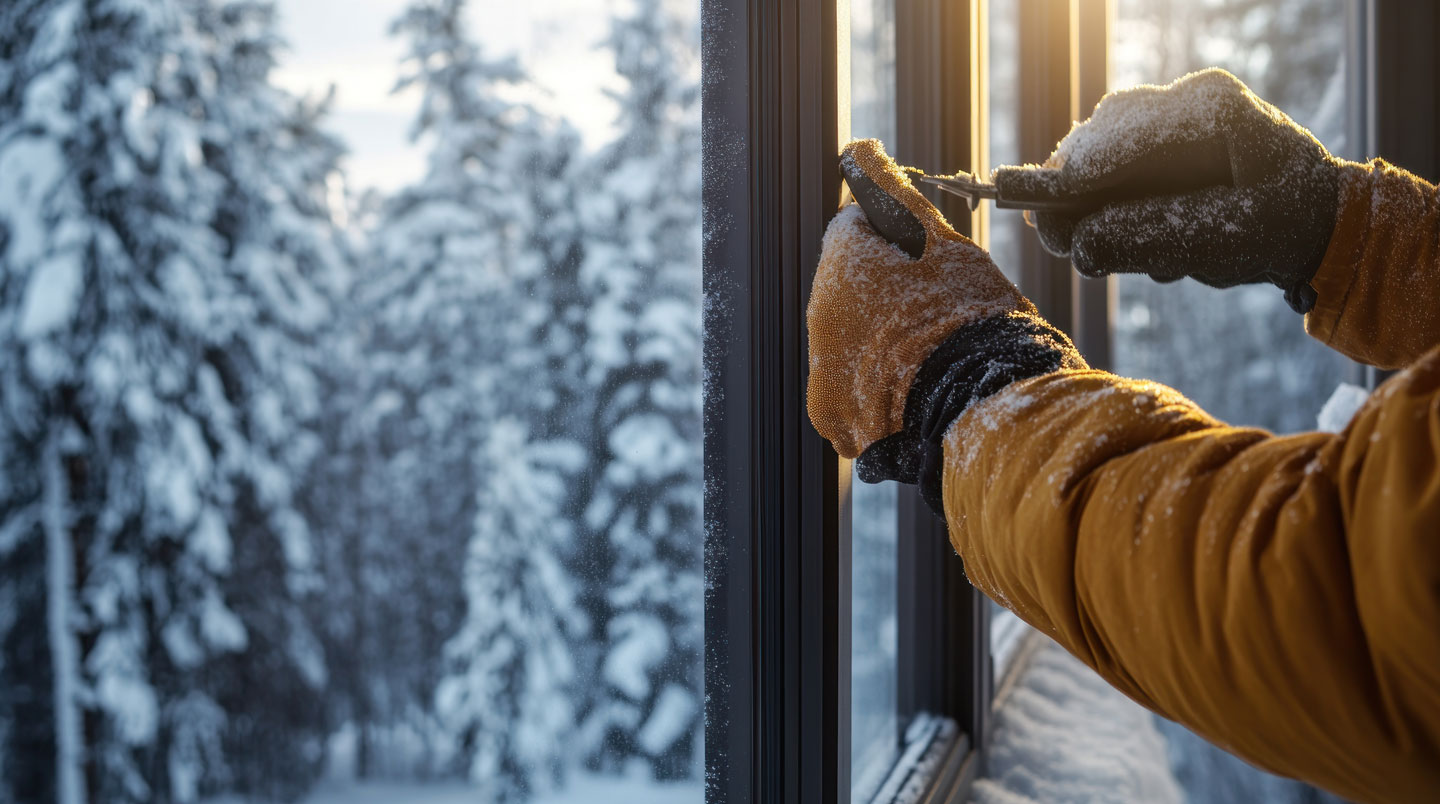 Équipe professionnelle installant une fenêtre dans une maison de banlieue québécoise en hiver