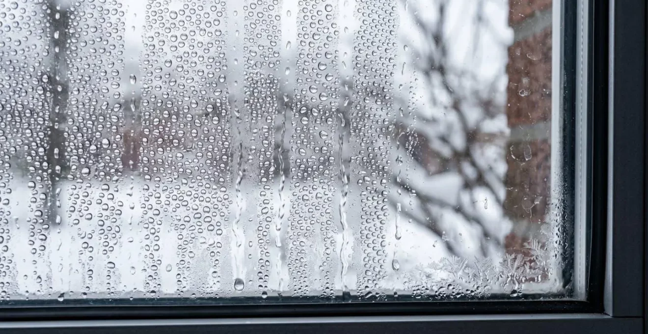 Gouttelettes de condensation sur la face intérieure d'une fenêtre résidentielle en hiver avec traces d'humidité excessive