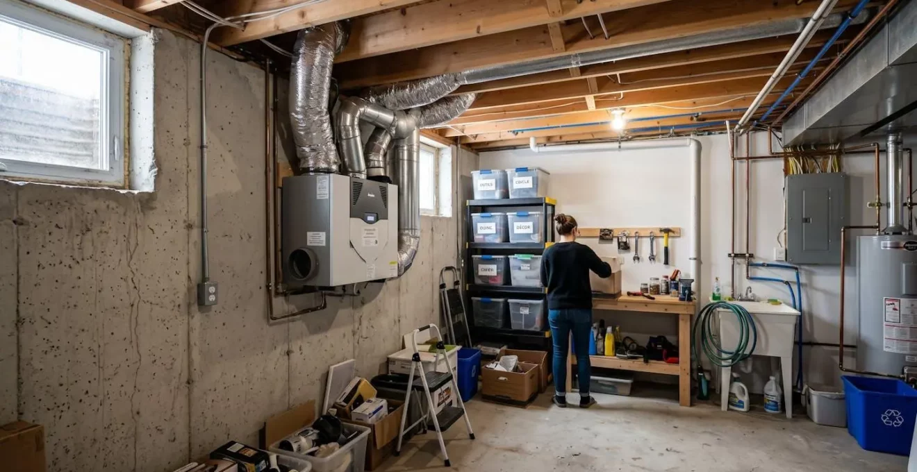 Sous-sol résidentiel québécois contemporain avec mur de fondation en béton et système de ventilation mécanique VRC monté au mur