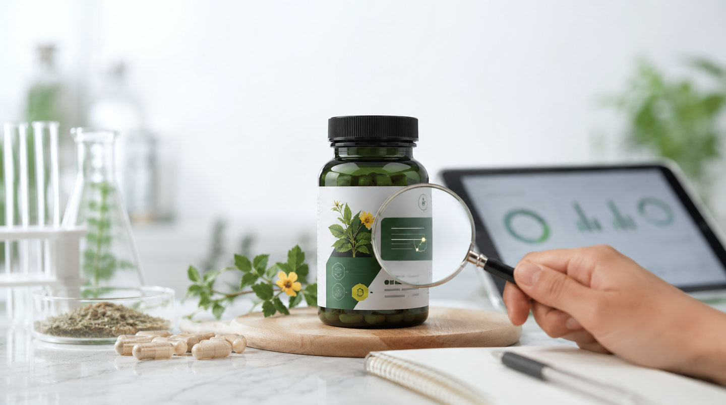 Main pointant au stylo le texte 'extrait titré 40% saponines' sur étiquette de flacon tribulus terrestris, informations posologie et certifications visibles en français