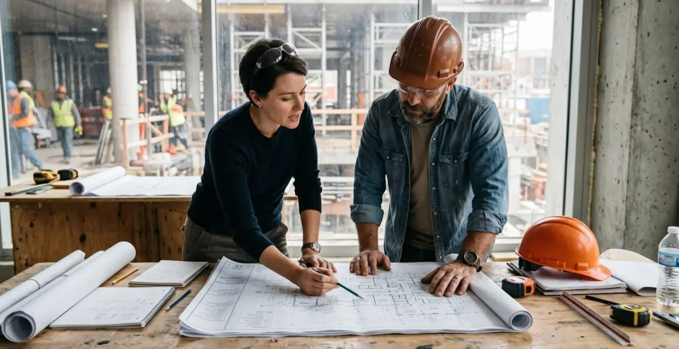 Architecte et entrepreneur général qui discutent de plans détaillés autour d'une table de chantier