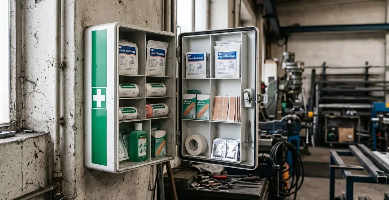 Coffret de secours rigide fixé au mur d'un atelier professionnel, contenu visible et organisé