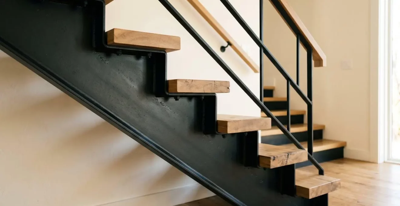Détail d'une crémaillère d'escalier en acier, profil dentelé visible, marches en bois, habitation contemporaine
