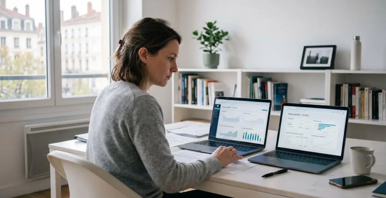 Directrice administrative et financière consultant un tableau de bord de facturation électronique sur ordinateur portable dans un bureau contemporain