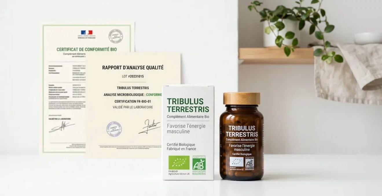 Emballage de tribulus terrestris avec logo certification bio européenne eurofeuille verte au premier plan, certificats de contrôle qualité officiels en arrière-plan sur surface blanche