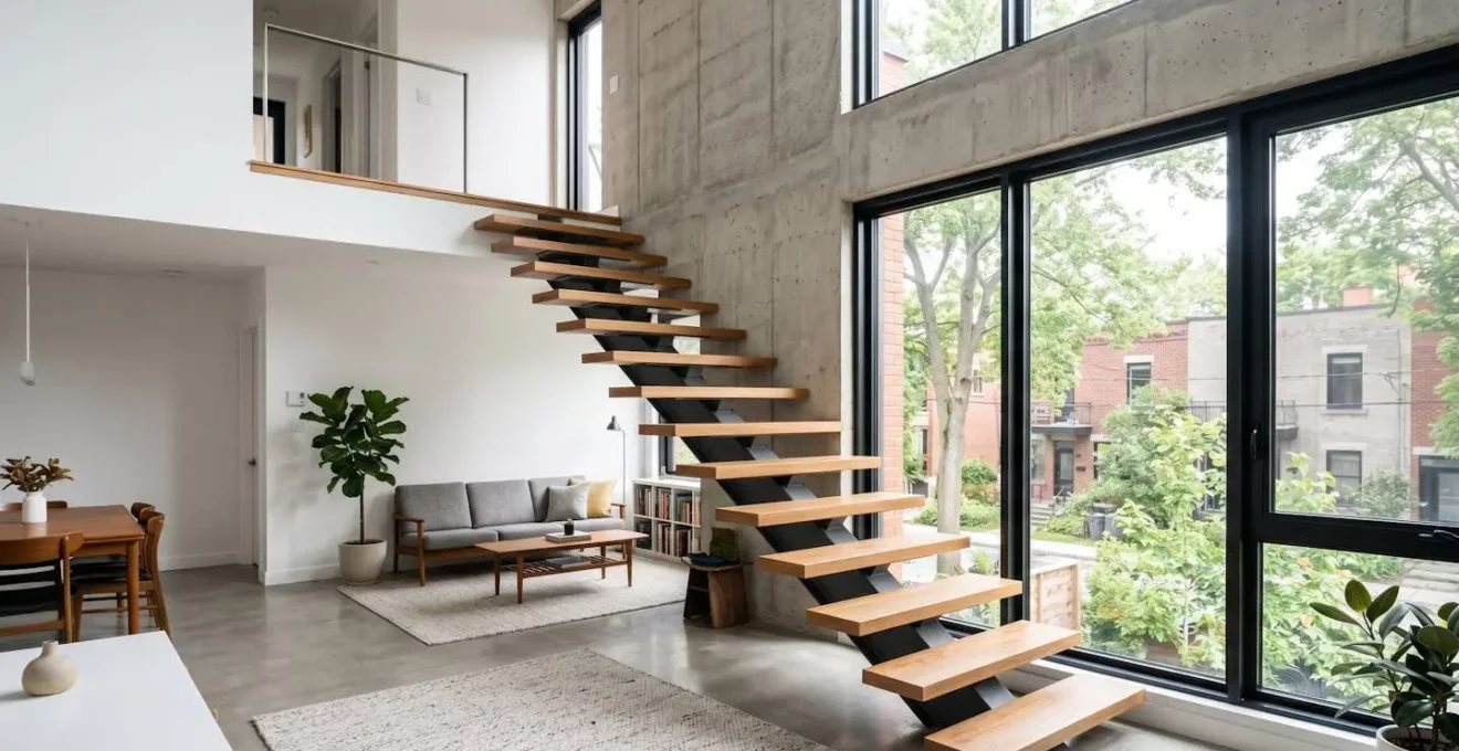 Escalier suspendu en acier avec limon central et marches en bois, vue intérieure moderne, région de Montréal