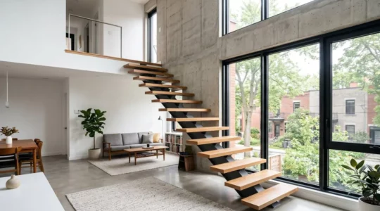 Escalier suspendu en acier avec limon central et marches en bois, vue intérieure moderne, région de Montréal