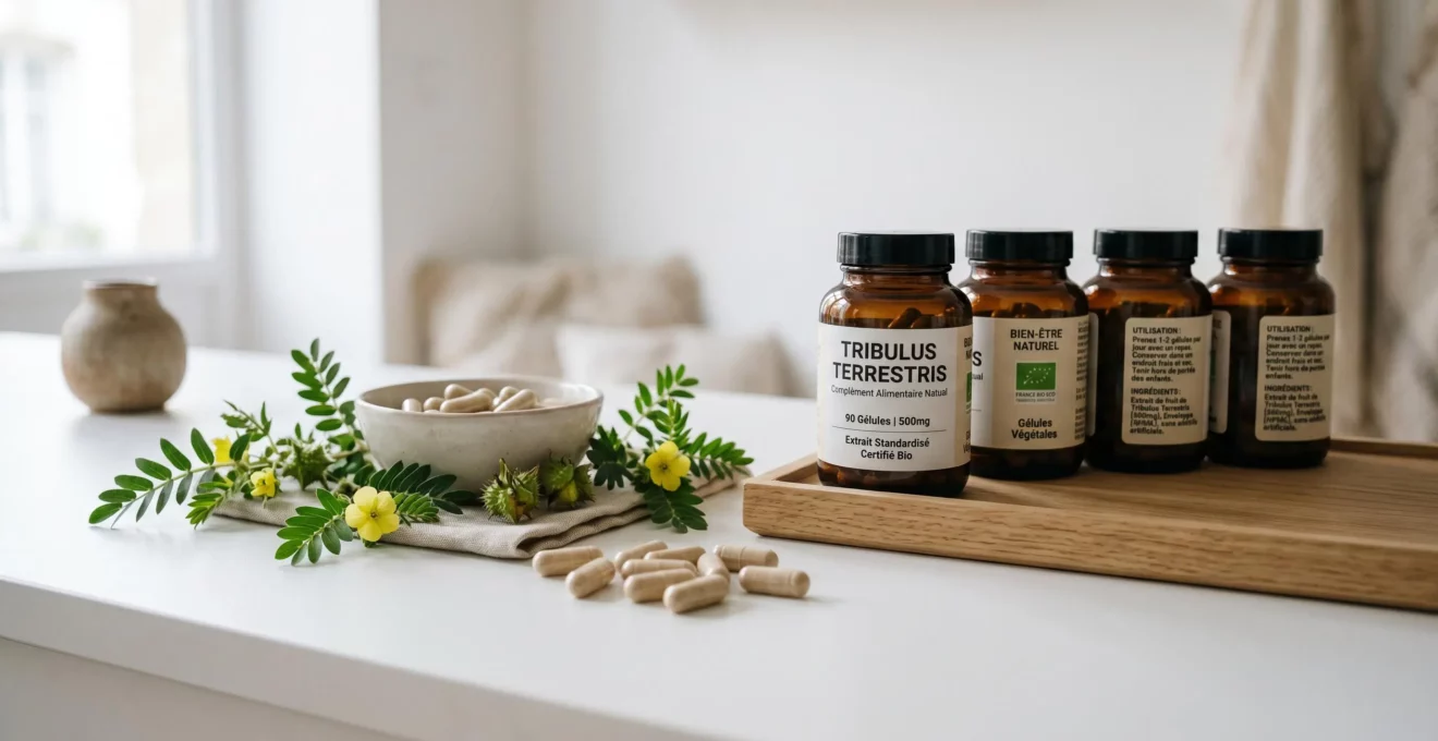 Gélules de complément tribulus terrestris disposées sur comptoir blanc de pharmacie aux côtés de la plante fraîche avec fruits épineux, flacons certifiés bio en verre ambré, lumière naturelle douce