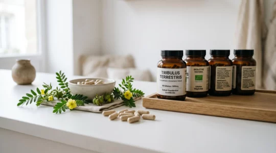 Gélules de complément tribulus terrestris disposées sur comptoir blanc de pharmacie aux côtés de la plante fraîche avec fruits épineux, flacons certifiés bio en verre ambré, lumière naturelle douce