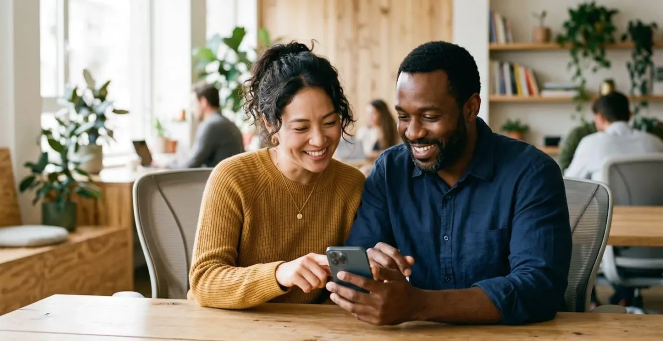 Deux personnes discutent autour d'un smartphone affichant un tableau de bord financier, atmosphère collaborative et détendue