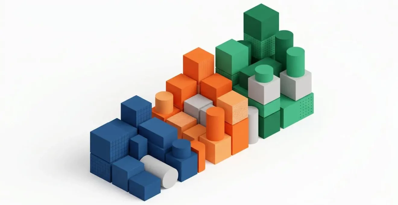 Illustration isométrique montrant des blocs géométriques colorés organisés en courbe ascendante, représentant la croissance des performances métiers