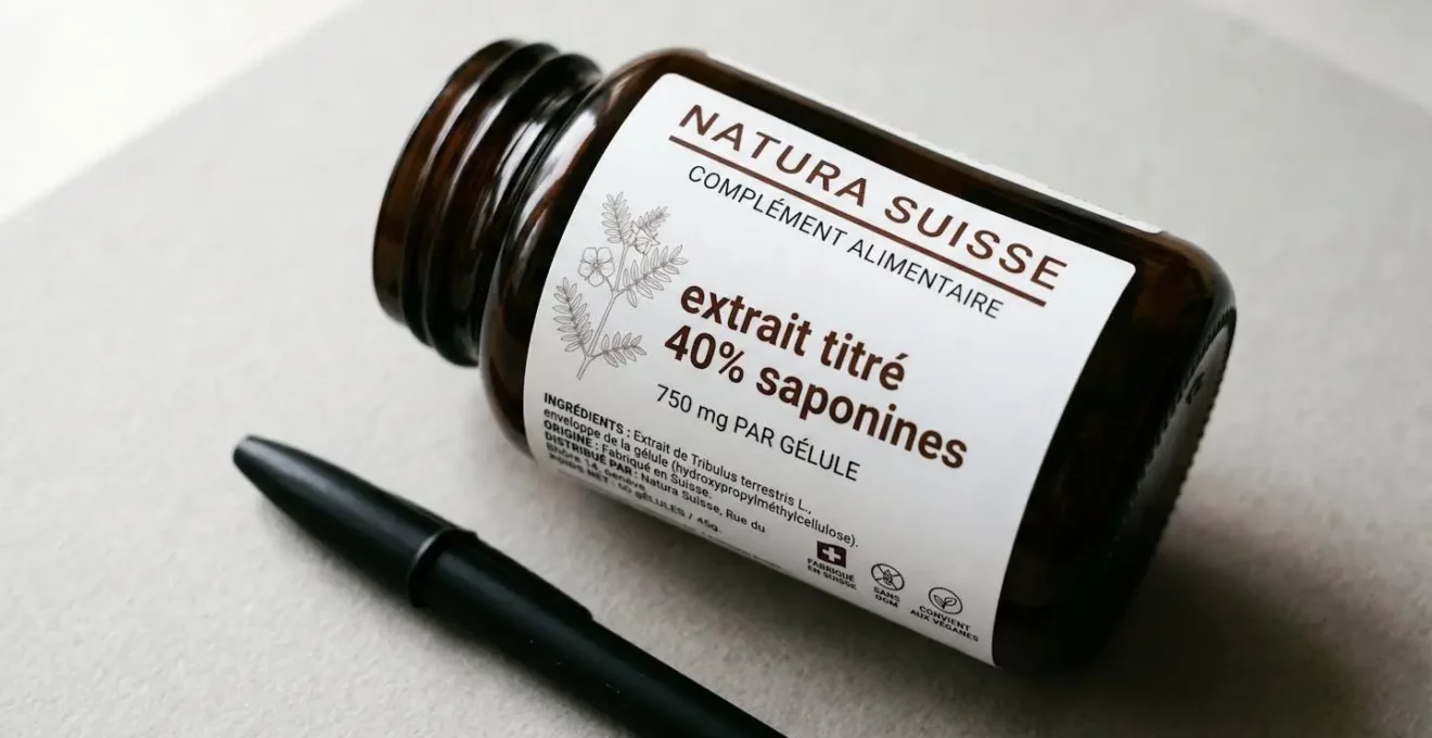 Main pointant au stylo le texte 'extrait titré 40% saponines' sur étiquette de flacon tribulus terrestris, informations posologie et certifications visibles en français